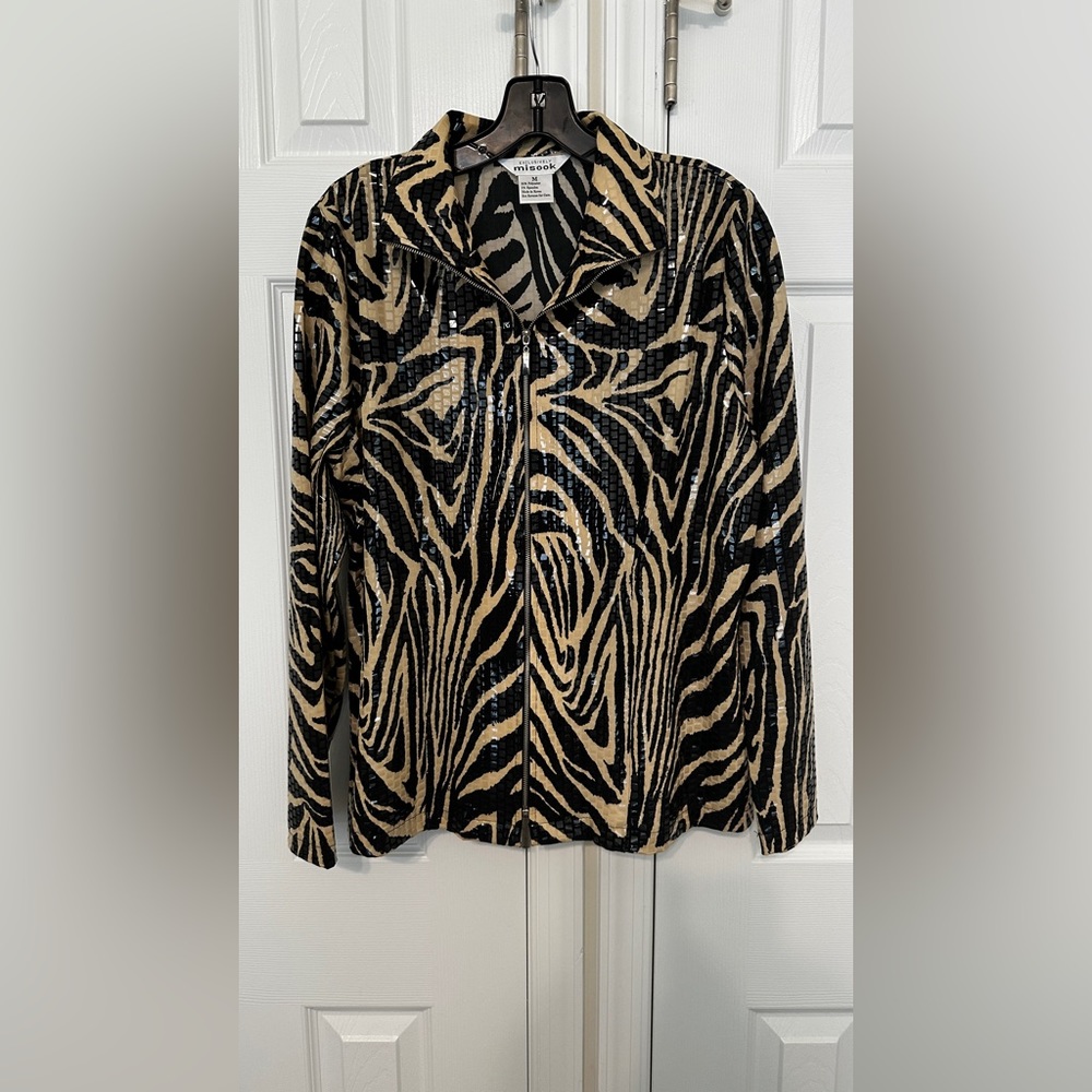 Exclusively Misook Black and Tan Zebra Print Button Dowb